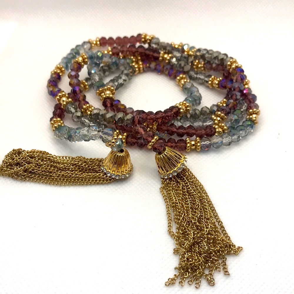 Vintage Crystal Purple Blue Grayish Bead Gold Tone Bead Tassel Lariat Necklace